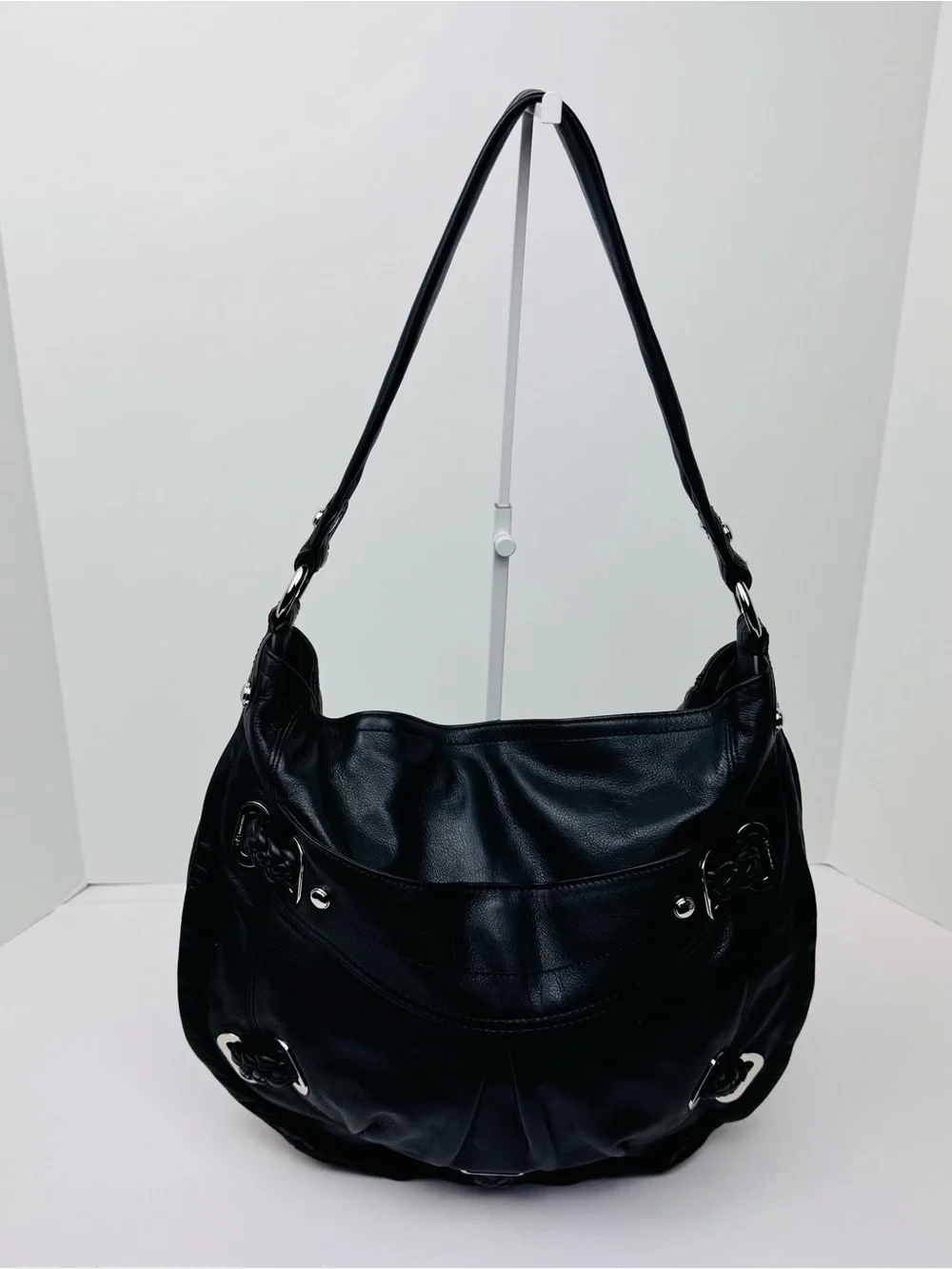 B. Makowsky Black Leather Hobo Bag with silver hardware. Soft, supple leather.